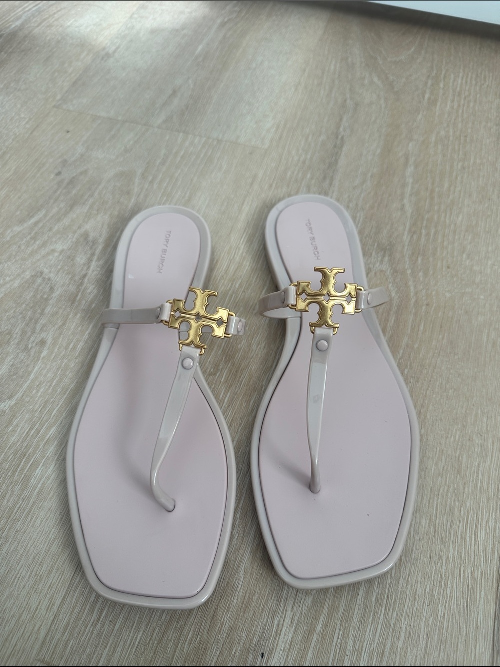 Tory Burch Pale Pink Miller Logo Thong Sandals with Gold Emblem